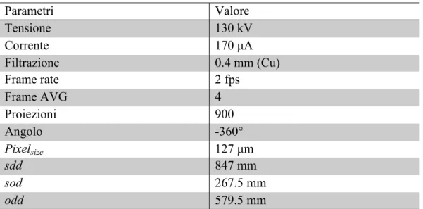 Figura  3.13:  Esempio  di Parametri ValoreTensione 130 kVCorrente 170 μAFiltrazione 0.4 mm (Cu)Frame rate2 fpsFrame AVG4Proiezioni900Angolo-360°Pixelsize127 μmsdd847 mmsod267.5 mmodd579.5 mm