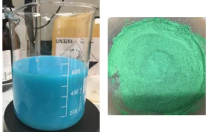 Figura 2.1 : Gel di colore azzurro ottenuto durante la sintesi (sinistra) e polvere verde che costituisce la 