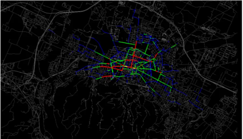 Figura 2.6: Densità dei flussi di percorrenza delle strade di Bologna. Il giallo è il valore più alto in termini di flusso,poi a seguire c’è il rosso, il verde e il blu.