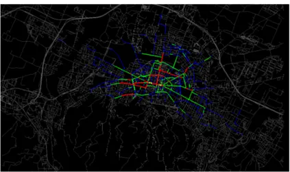 Figura 3.3: Flussi della mobilità ciclistica di Bologna con viaggi di lunghezza compresi tra 1000 m e 1800 m.
