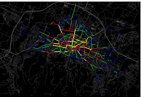 Figura 3.4: Grafo di Bologna dove vengono evidenziati i flussi della mobilità ciclistica nei viaggi di lunghezza tra i 2000 m e 3000 m.