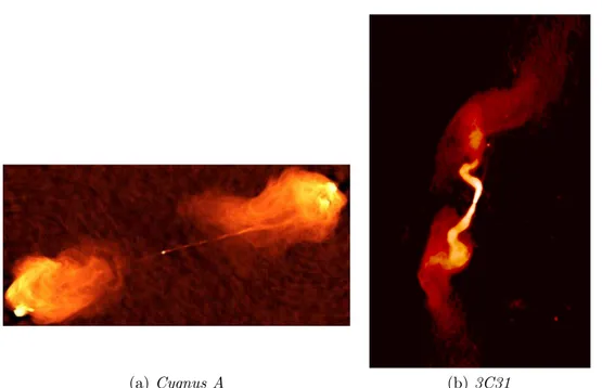 Figura 1.3: Immagine radio delle radiogalassie Cygnus A (FR II) e 3C31 (FR I). Si può notare come nella prima dominino i lobi mentre nella seconda i getti.