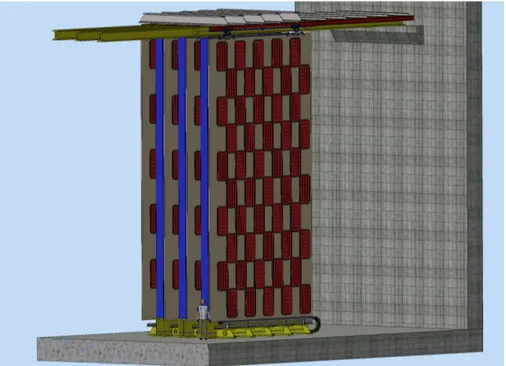 Figure 3.2: Muon detector layout. The active layer is segmented in detector modules, depicted in red, placed on a supporting structure
