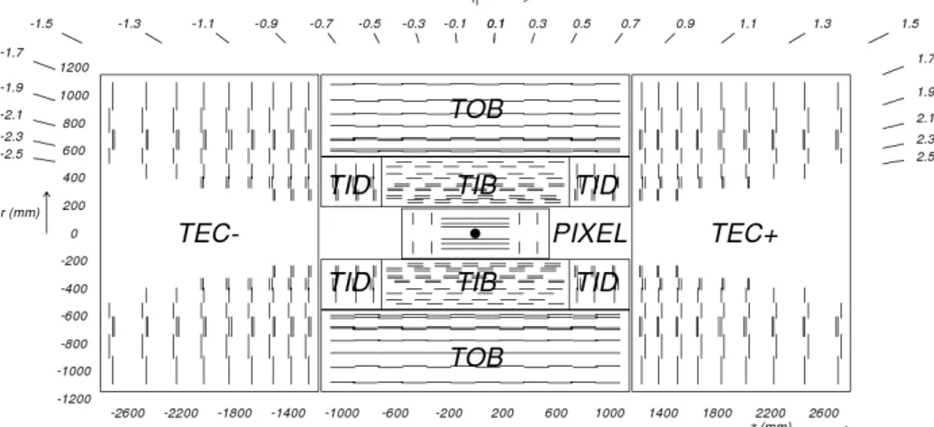 Figure 2.8: Schematic view of the Microstrip Tracker, where each line represents a mod- mod-ule [69].