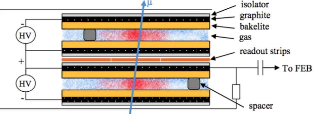 Figure 2.14: Schematic view of a RPC [76].