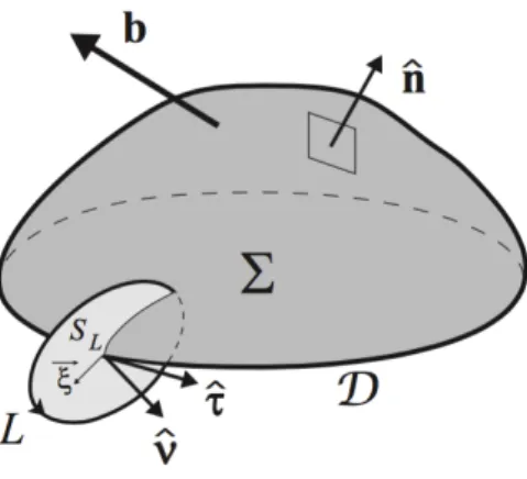 Figura 1.1: Schema e notazioni utilizzate per descrivere la superficie di dislocazione Le deformazioni elastiche possono essere prodotte non solo dall’azione di forze esterne, ma anche da difetti di struttura interna