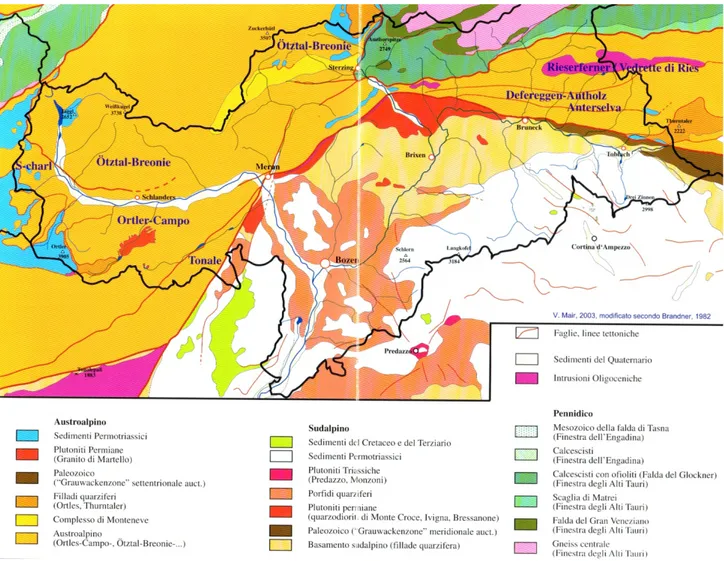 Fig.  3:  individuazione  dei  complessi  geologici  più  rilevanti  nella  Provincia  Autonoma  di  Bolzano  con  indicati  alcuni  gruppi  e  sottogruppi  principali