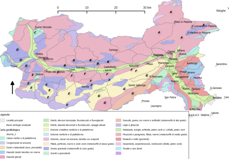 Fig. 5: carta geolitologica dell'area di studio: nella carta sono indicate le litologie più diffuse  nella regione di studio e nei bacini idrografici