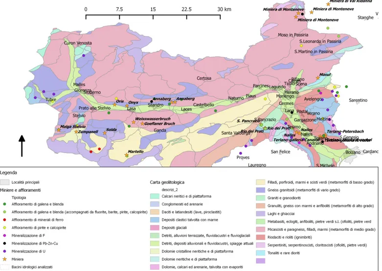 Fig. 6: carta geolitologica dell'area di studio con indicate inoltre le miniere (con i nomi in  grassetto), gli affioramenti di date rocce e mineralizzazioni di alcuni elementi