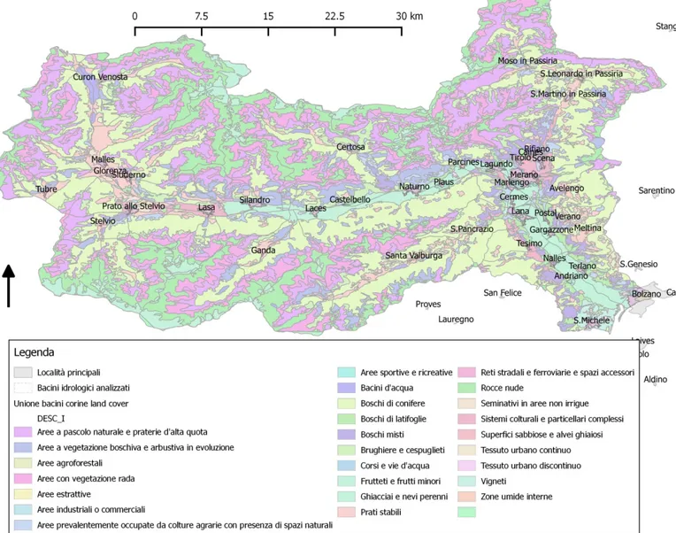 Fig.  9:  carta  dell'uso  del  suolo  (mediante  Corine  Land  Cover)  dell'area  di  studio