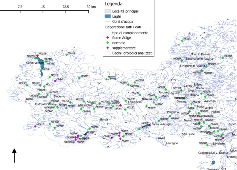 Fig. 11: piano di campionamento del lavoro di tesi. Sono evidenziati con il colore verde i  campioni  normali  degli  affluenti,  con  il  rosso  i  campioni  del  fiume  Adige  e  con  il  viola  i  campioni  supplementari