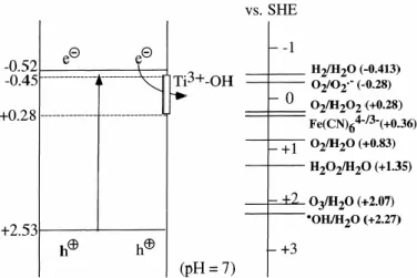 Figura 2.2 – Diagramma schematico che mostra i potenziali per i vari processi redox che  avvengono sulla superficie della TiO 2  a pH 7 