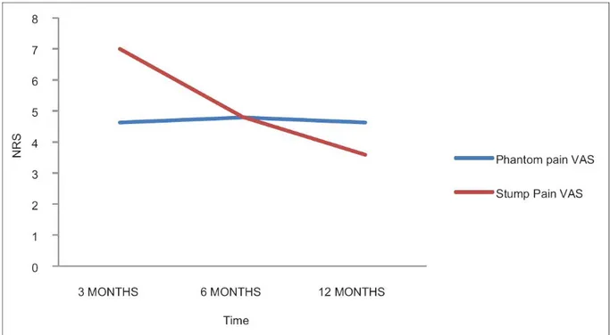 Figura II – Andamento dell’intensità del dolore da PLP e da RLP a distanza di 3, 6, 12 mesi