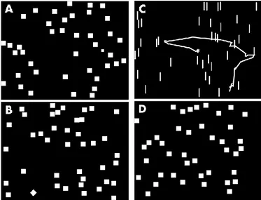 Fig. 6. Differenti compiti di ricerca dal lavoro di Pambakian et al. (A) Il quadrato target è di dimensione  minore dei distrattori