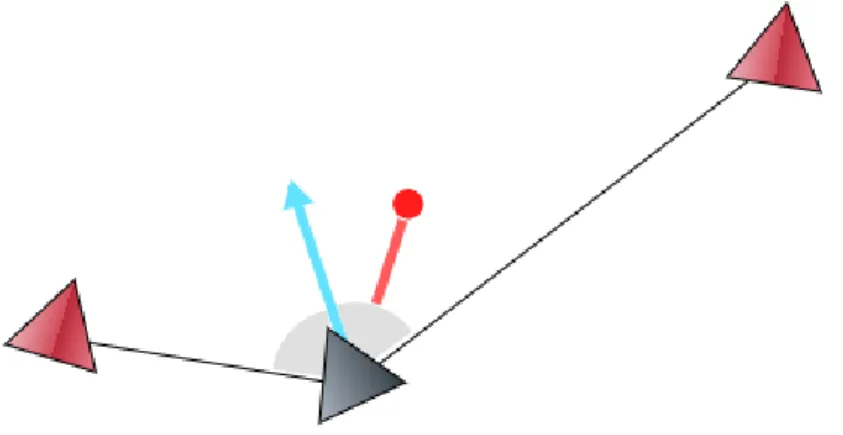 Figura 1.5: La direzione media verso i due vicini, in celeste, ` e diversa dalla direzione verso la posizione media, in rosso.