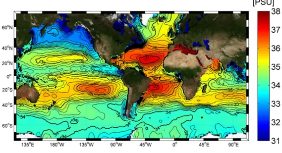 Figure 1.1: Horizontal distribution of salinity in Earth’s oceans.