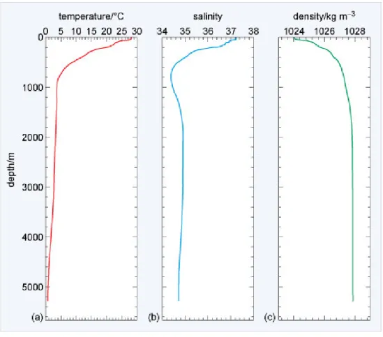 Figure 1.3: Vertical profiles of temperature, salinity and density at tropical latitudes.