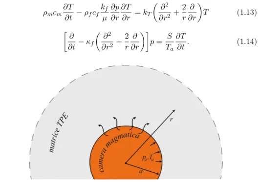 Figura 1.1: Camera magmatica sferica che degassa verso la matrice TPE circostante estesa all’infinito.