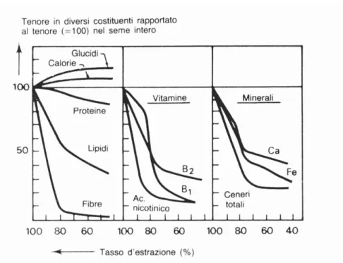 Fig. 12 – Contenuto in diversi costituenti delle farine in funzione del tasso di estrazione