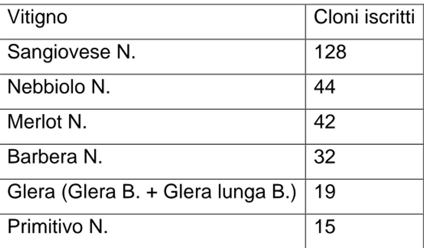 Tabella 3.3 Cloni iscritti delle principali varietà italiane (Fonte: Registro Nazionale delle Varietà di vite) 