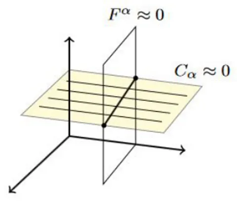 Figure 3.2: The reduced phase space is the intersection of the two sufaces. From [8] Dirac brackets and solve the constraints explicitly to find a set of independent coordinates of the reduced phase space