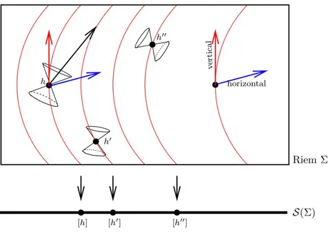 Figure 5.2: The space Riem Σ, fibred by the orbits of Diff Σ (curved vertical lines). Tan- Tan-gent directions to these orbits are called “vertical”, the G-orthogonal directions  “horizon-tal”