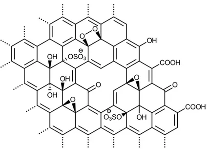 Figura 1.5: Modello di Lerf-Klinowski dell'ossido di grafene: si può notare come nella matrice del grafene siano inseriti gruppi ossido senza una struttura ripetuta