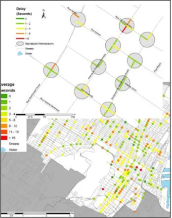 Figura 11- ritardi alle intersezioni semaforizzate di Montreal, che derivano  dall’analisi dei punti GPS registrati mediante l’applicazione Mon RèsoVèlo 