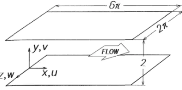 Figure 5.1: Sketch of the geometry of the channel flow domain; where x,y and z are respectively the streamwise, wall-normal and spanwise direction