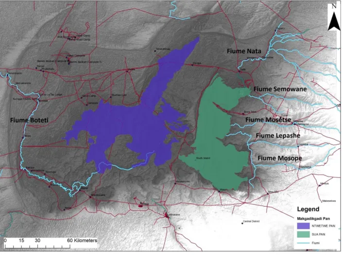 Figura  6:  Immagine  satellitare  ottenute  dalla  piattaforma  online  Copernicus,  mostrante  il  bacino  del  Makgadikgadi  Pan  con  la  suddivisione  due  bacini  Ntwetwe  e  Sua  e  relativi  posti  in  relazione  ai  sistemi  di  drenaggio attuali