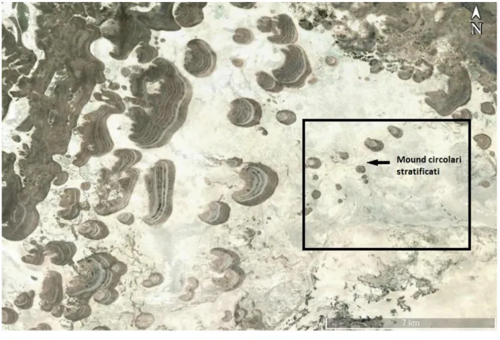 Figura  7:  Immagine  satellitare  della  parte  settentrionale  dello  Ntwetwe  Pan.  Il  quadrato  nero  mostra  un’area  caratterizzata  da  mound  isolati,  stratificati  in  geometria  concentrica  con  alternanze  di  strati  più  chiari  e  più  scu