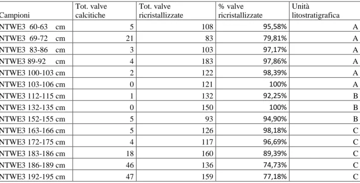 Tabella 2. Numero e percentuale di valve calcitiche versus valve ricristallizzate nei campioni del  sondaggio NTWE3 -  Zona N (Fig