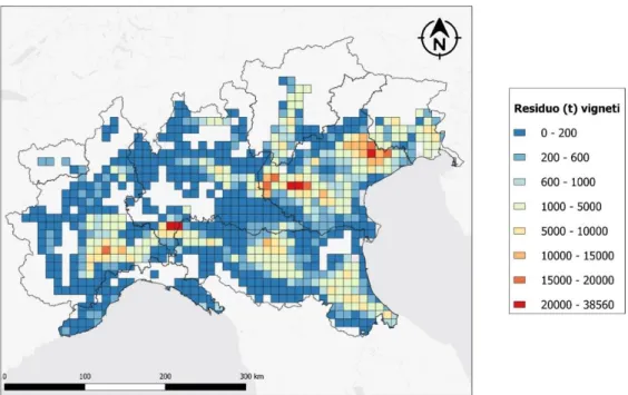 Figura 13 - Mappatura 10x10km della densità di residui freschi derivanti dalla potautra dei vigneti (t/a), area Nord-Italia;  elaborazione QGIS