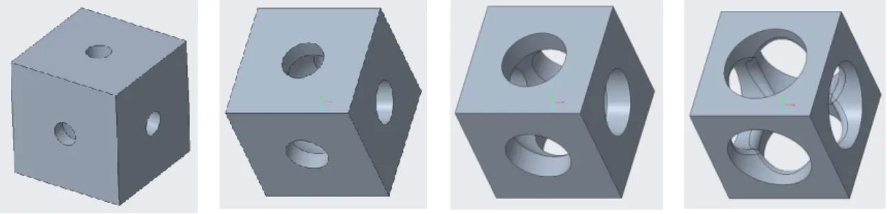 Figura 9: Disegni CREO delle celle elementari che costituiscono la struttura reticolare dei diversi  provini (da sinistra a destra: 300/500/750/1000) 