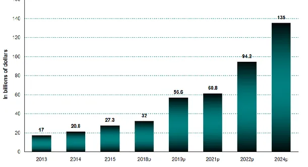 Figura 1.2. Mercato globale dell'ingegneria tissutale e della medicina rigenerativa nel  periodo 2013-2024 (Fonte BCC Research, 2016)
