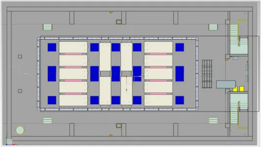 Figure 2.16: Bottom CRT layout, each scintillation module is illustrated as a yellow rectangle.