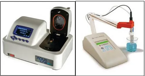 Figura 7.2 a sinistra: strumento Aqualab per valutare l’a w  e a destra:  pHmetro Crison basic