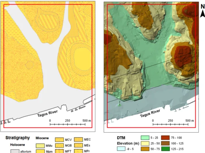 Figure 2.1: Left: surface geology of the Baixa area. Right: digital terrain model (DTM) obtained from a 1:1000 survey scale