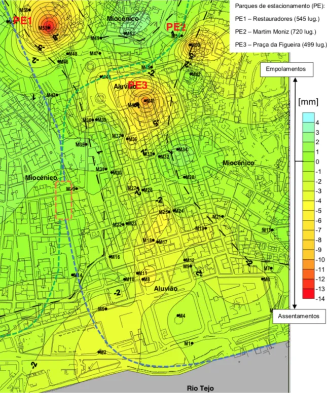 Figure 2.12: Contour of vertical displacements measured from 2004 to 2010 in Lisbon downtown [ 8 ].