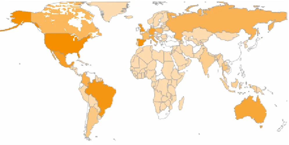 Figure 2.5 – Diffusion of MOODLE in the world, a darker colour indicates a larger community