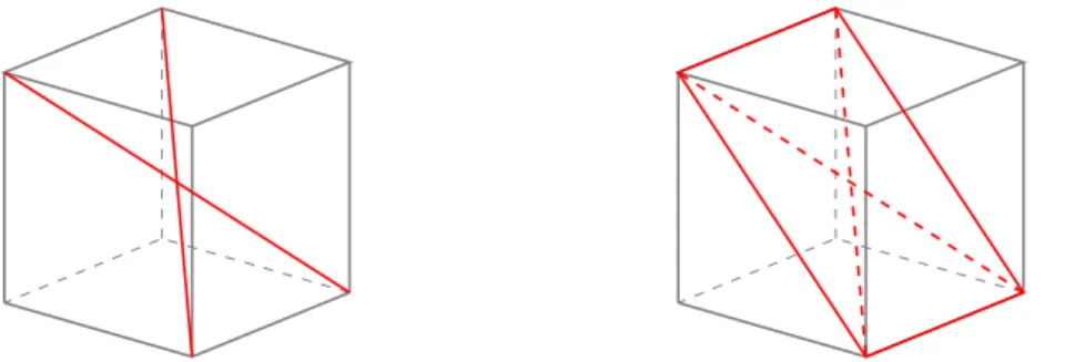 Figura 1.2: a sinistra due diagonali di un cubo, a destra le diagonali del cubo come diagonali di un rettangolo.
