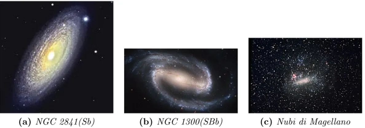 Figura 2.3: Le prime 2 immagini sono esempi rappresentative di galassie a spirale, normale e barrata