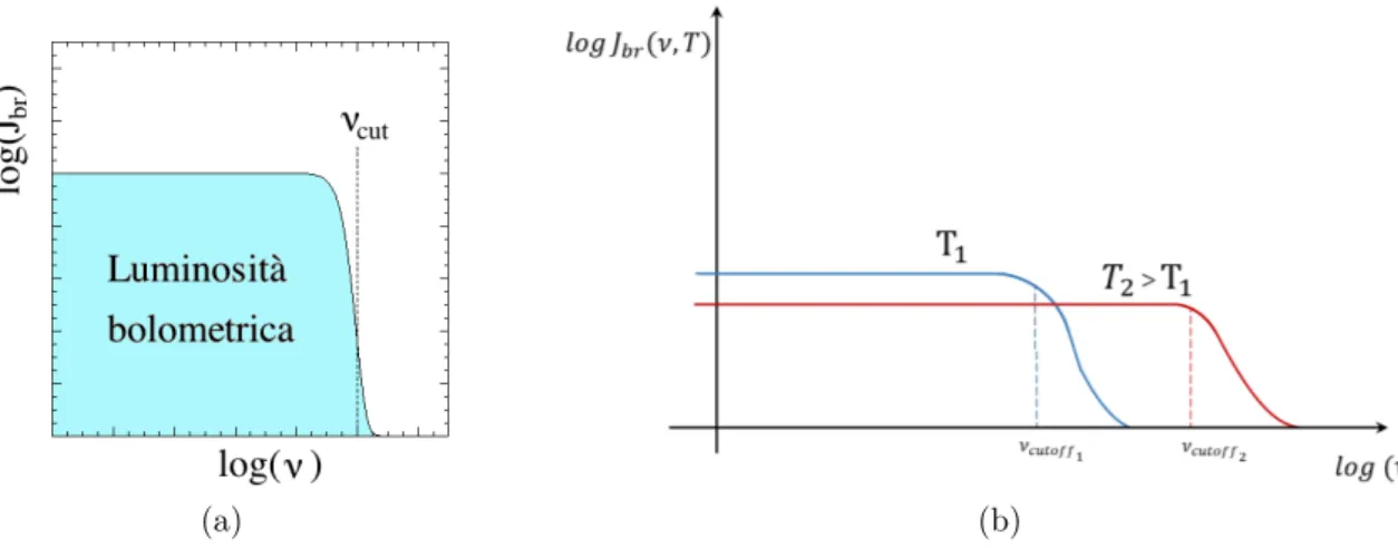 Figura 1.5: Luminosit` a bolometrica (a) e confronto degli spettri per T 1 e T 2 (b)