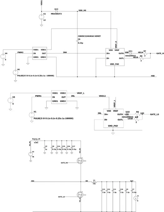 Figura 2.18 - Schema Circuitale Realizzato su Spice (Driver e Isolator HS e LS, in basso transisto Cin Cout e L)