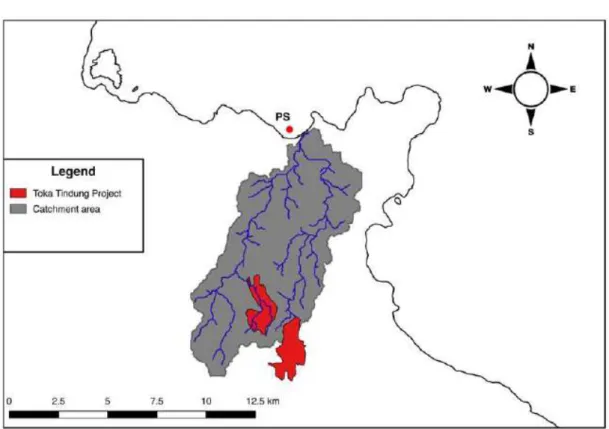 Fig.  2.5  Watershed  basin  at  Pantai  Surabaya  (PS).  Toka  Tindung  Project  refers  to  the  industrial gold mine (image from Ercadi, 2018)