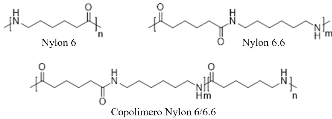 Figura 14: Formule di struttura del Nylon 6, Nylon 6.6 ed il copolimero dei due precedenti (Pazi, 2016/17) 