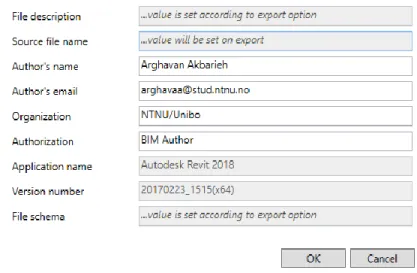 Figure 3-14 IFC exporter Modify setup window, General tab, File Header Information … 
