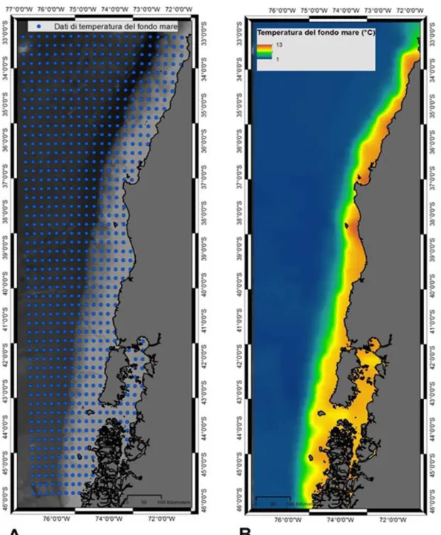 Fig.  9  Temperatura del fondo mare. A) Distribuzione degli shapefile di punti, rappresentati sulla mappa batimetrica