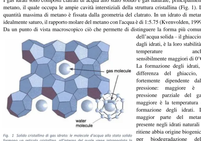 Fig.  1  Solido cristallino di gas idrato: le molecole d'acqua allo stato solido  formano  un  reticolo  cristallino,  all’interno  del  quale  viene  intrappolata  la  molecola di gas (da Vargas-Cordero, 2009)