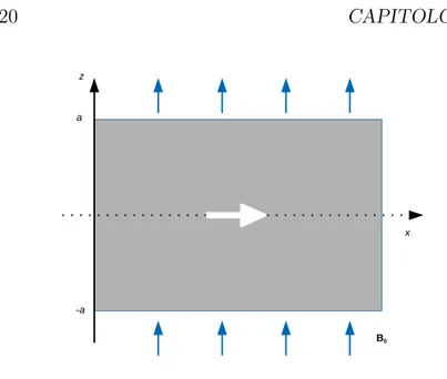 Figura 2.1: Flusso di Hartmann: moto unidirezionale lungo x sottoposto a campo magnetico uniforme B 0 .